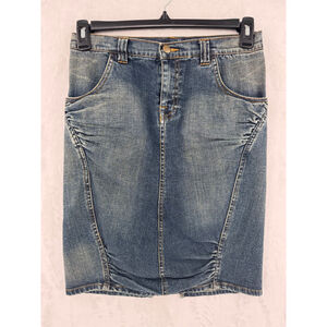 Vintage Y2K Cache Ruched Denim Pencil Skirt Bodycon Knee Length Size Medium